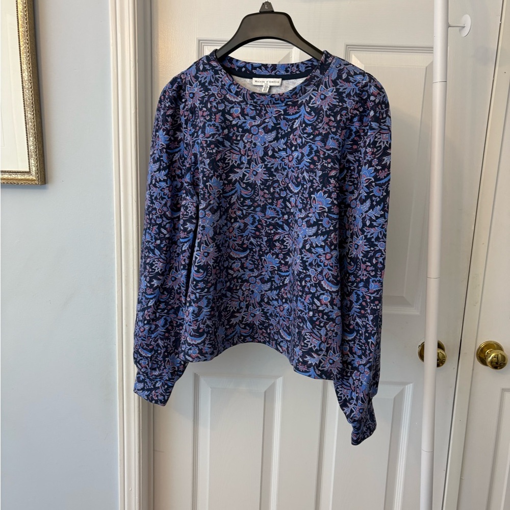 Masion D’Amelie Floral Print Blue Crewneck Puff Sleeves Sweatshirt Medium - Picture 3 of 12